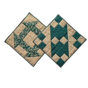 Set of 2 Handmade Patchwork Quilt Squares – Teal & Beige Country Style Designs